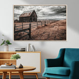 73898372-MGV-FC-36X24_Natural-Rustic Barn Wall Art Canvas Print, Framed Moody Field Art Picture Print, Weathered Fence Perfect Moody Farmhouse Decor Artwork