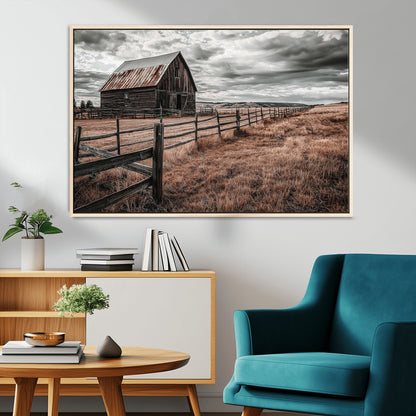 73898372-MGV-FC-36X24_Natural-Rustic Barn Wall Art Canvas Print, Framed Moody Field Art Picture Print, Weathered Fence Perfect Moody Farmhouse Decor Artwork