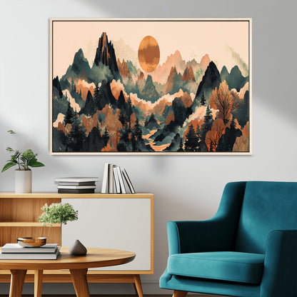 13012770-MGV-CV-36X24-Mountain Landscape Wall Art – Modern Nature Canvas Print with Sun, Misty Peaks, and Forest in Orange and Green Tones for Living