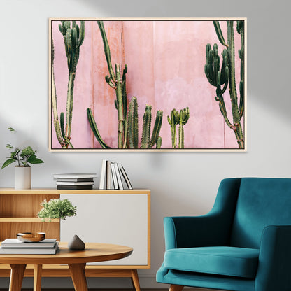 93119502-MGV-CV-36X24-Tall Cactus Wall Art Canvas Print, Framed Pink Wall Art Picture Print, Cactus Lines Perfect Modern Desert Decor Artwork