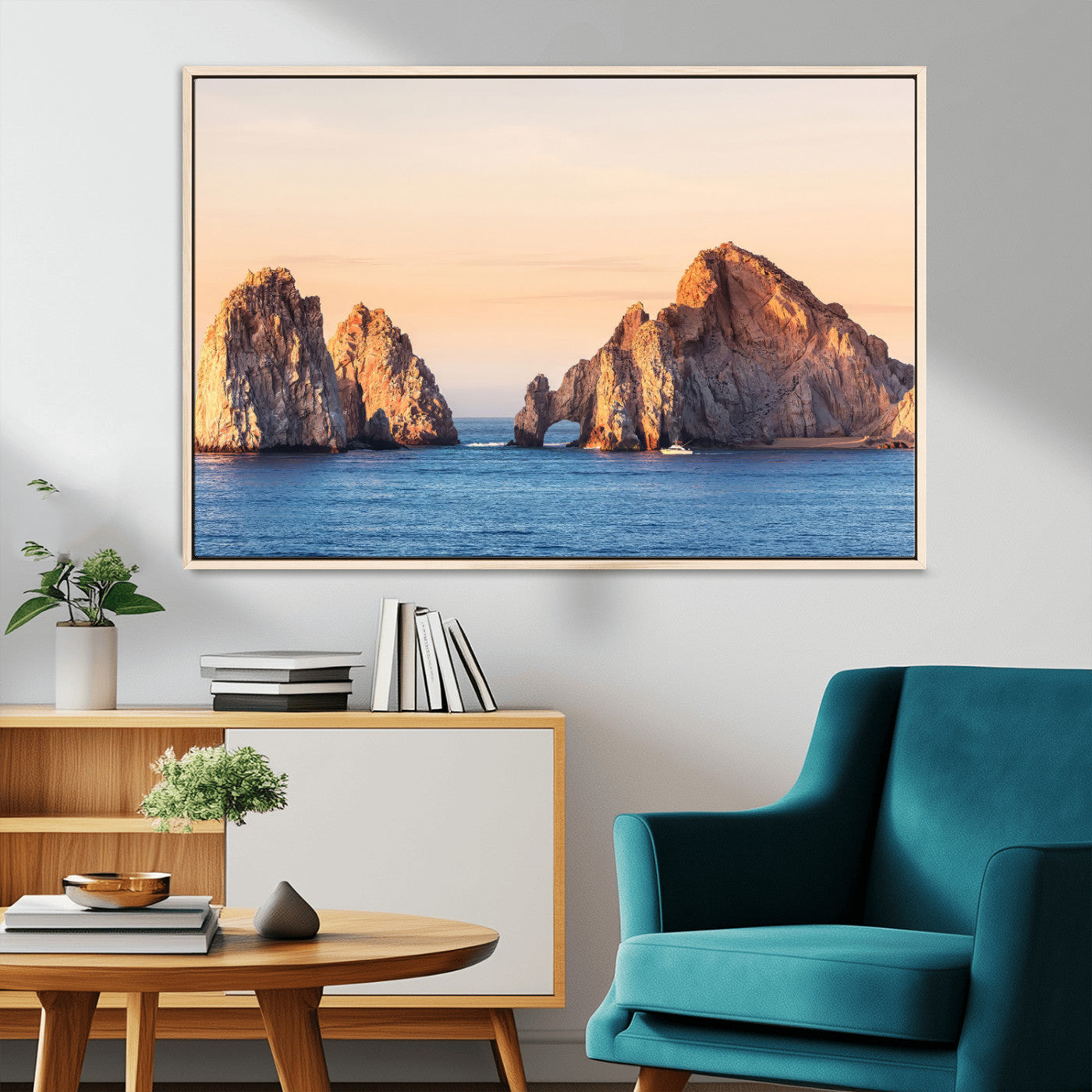 72996116-MGV-CV-36X24-El Arco Wall Art Canvas Print, Framed Cabo Rocks Art Picture Print, Ocean Arch Perfect Golden Coastal Landmark Decor Artwork