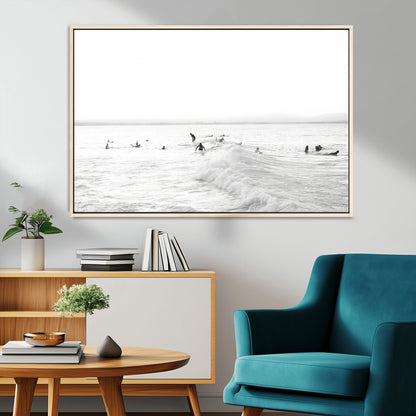 33449548-MGV-FC-36X24_Natural-Group Surfers Wall Art Canvas Print, Framed Ocean Wave Art Picture Print, Surf Crowd Perfect Monochrome Surf Decor Artwork