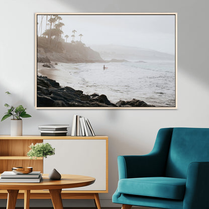 62501405-MGV-CV-36X24-Misty Beach Wall Art Canvas Print, Framed California Surfer Art Picture Print, Coastal Cliff Perfect Coastal Beach Decor Artwork