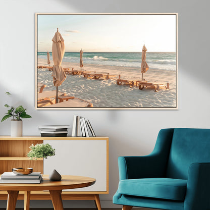 58507949-MGV-FC-36X24_Natural-Beach Umbrellas Wall Art Canvas Print, Framed Empty Loungers Art Picture Print, Soft Sand Perfect Minimalist Seaside Decor Artwork