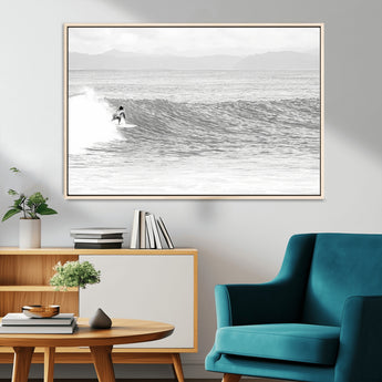 81535128-MGV-FC-36X24_Natural-Surfer Woman Wall Art Canvas Print, Framed Black Ocean Art Picture Print, Ocean Surfing Perfect Monochrome Coastal Decor Artwork