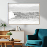 81535128-MGV-CV-36X24-Surfer Woman Wall Art Canvas Print, Framed Black Ocean Art Picture Print, Ocean Surfing Perfect Monochrome Coastal Decor Artwork