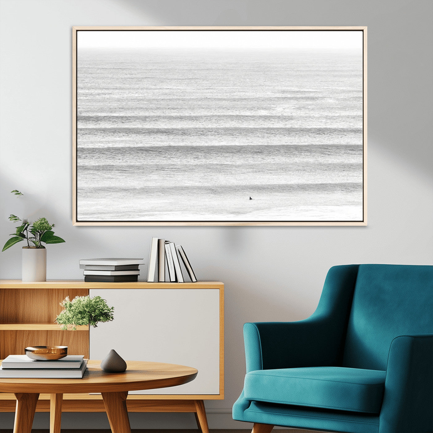 66534476-MGV-CV-36X24-Lone Surfer Wall Art Canvas Print, Framed Ocean Waves Art Picture Print, Minimal Sea Perfect Minimal Coastal Decor Artwork