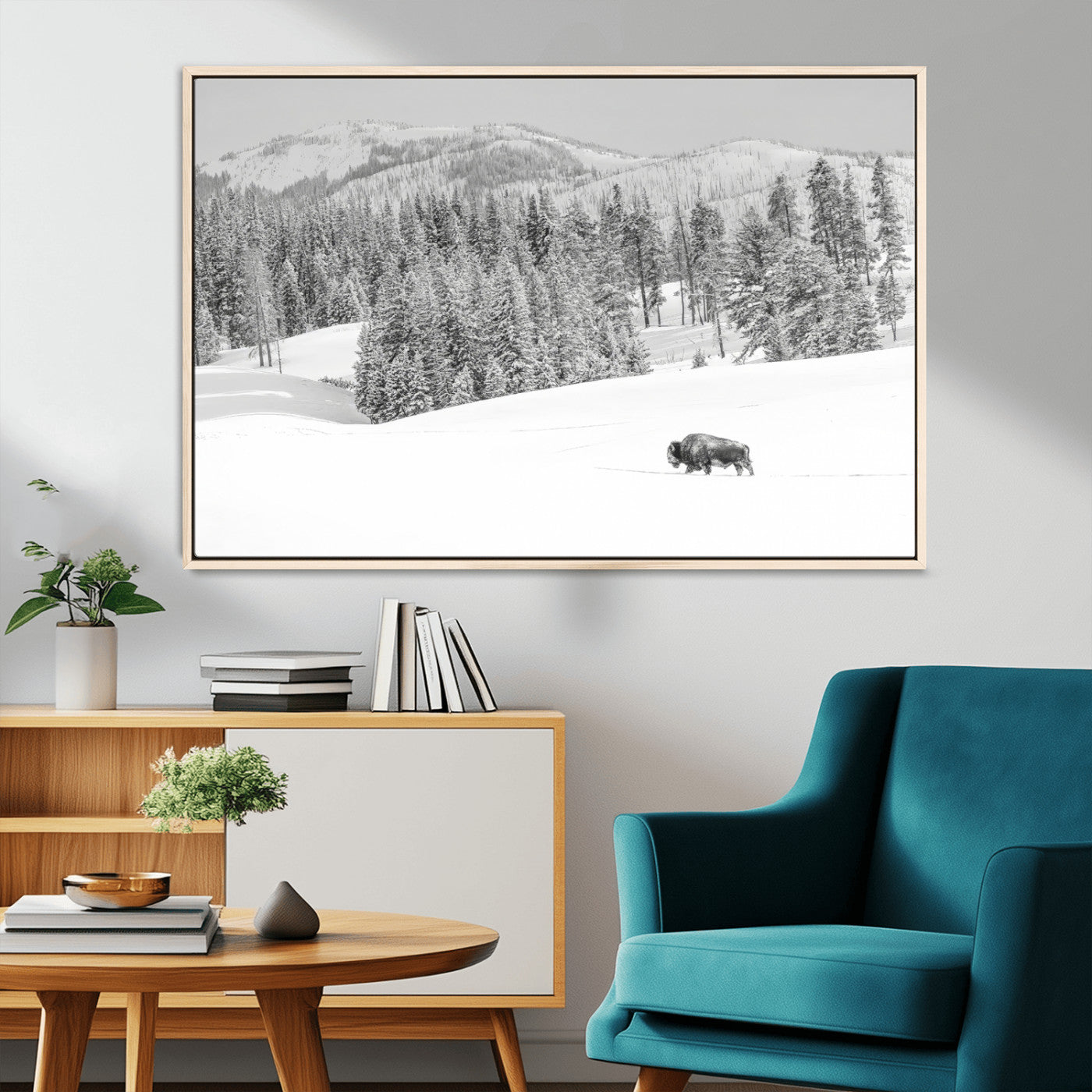 68081143-MGV-CV-36X24-Snowy Bison Wall Art Canvas Print, Framed Winter Forest Art Picture Print, Lone Bison Perfect Monochrome Winter Wild Decor Artwork
