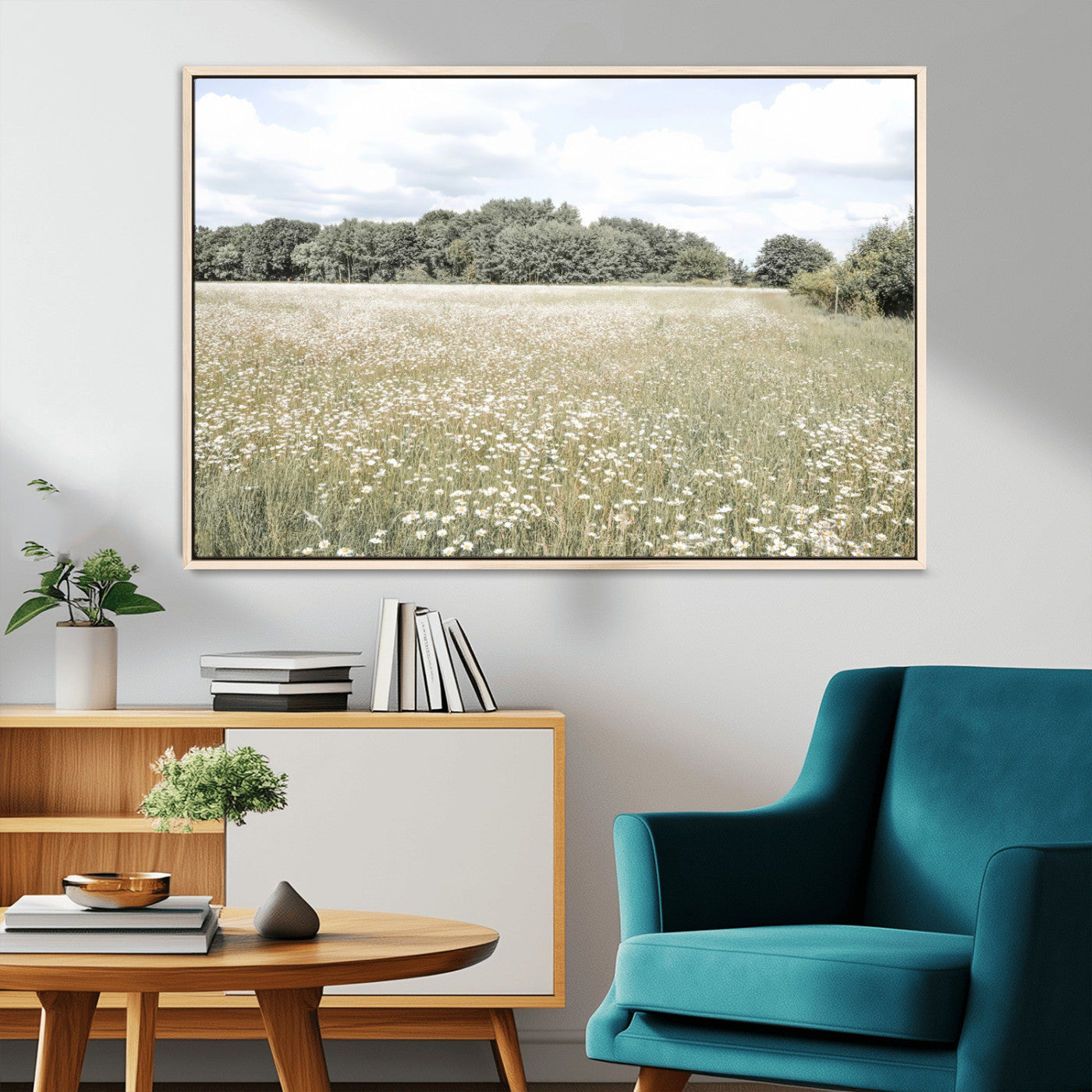 43258946-MGV-CV-36X24-Daisy Field Wall Art Canvas Print, Framed Pastel Flower Art Picture Print, Meadow Bloom Perfect Scandinavian Minimalist Decor
