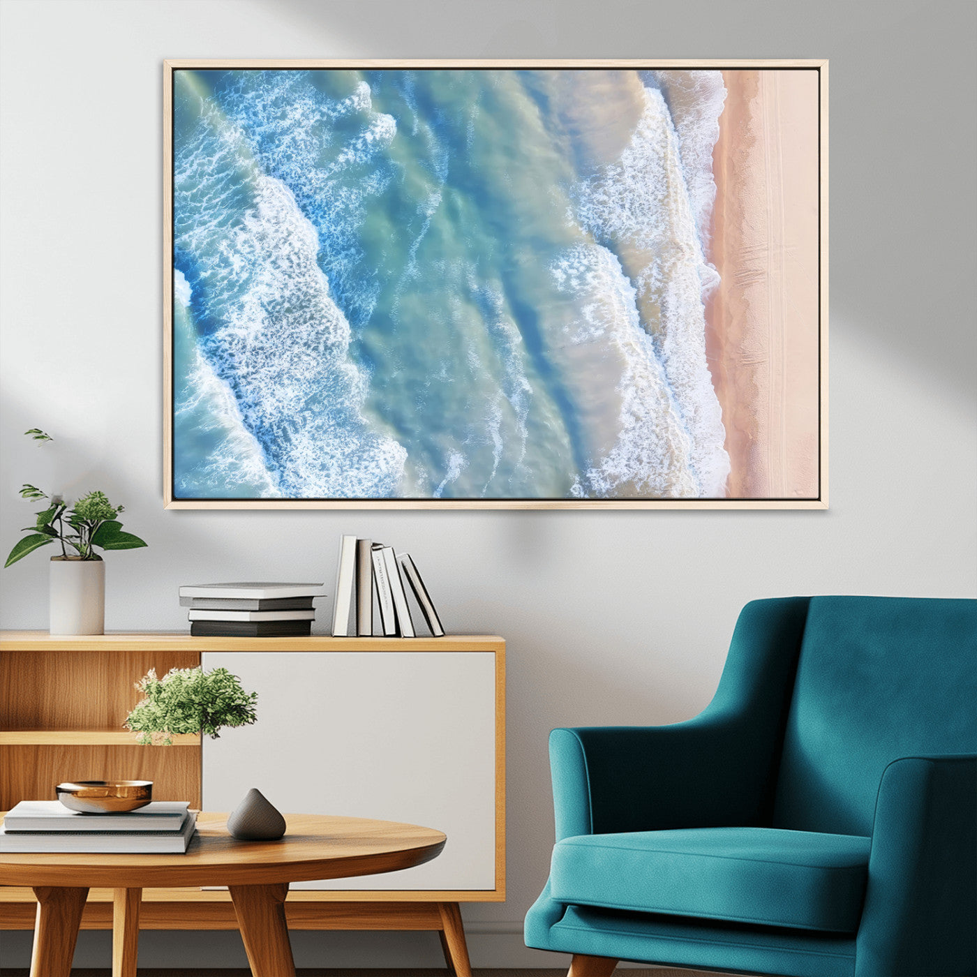 17641845-MGV-CV-36X24-Aerial Ocean Wall Art Canvas Print, Framed Blue Waves Art Picture Print, Sandy Shoreline Perfect Modern Coastal Decor Artwork