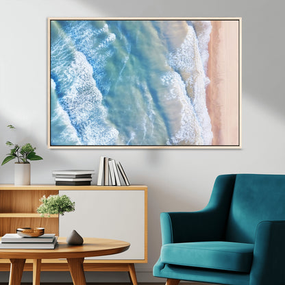 17641845-MGV-CV-36X24-Aerial Ocean Wall Art Canvas Print, Framed Blue Waves Art Picture Print, Sandy Shoreline Perfect Modern Coastal Decor Artwork