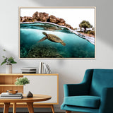 44200301-MGV-CV-36X24-Sea Turtle Swim Wall Art Canvas Print, Framed Ocean Life Art Picture Print, Tropical Shoreline Perfect Tropical Coastal Decor