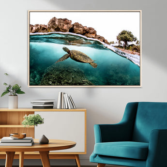 44200301-MGV-CV-36X24-Sea Turtle Swim Wall Art Canvas Print, Framed Ocean Life Art Picture Print, Tropical Shoreline Perfect Tropical Coastal Decor