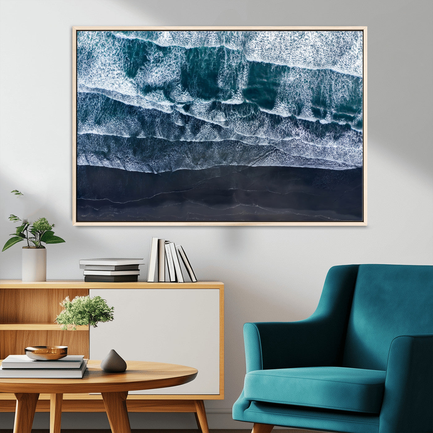87941475-MGV-CV-36X24-Black Beach Wall Art Canvas Print, Framed Aerial Ocean Art Picture Print, Moody Coastal Perfect Modern Coastal Decor Artwork