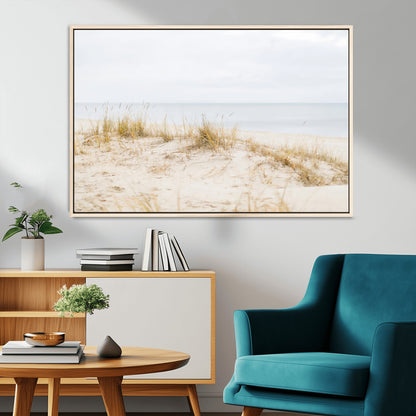13146857-MGV-CV-36X24-Beach Dunes Wall Art Canvas Print, Framed Soft Horizon Art Picture Print, Coastal Grass Perfect Minimalist Coastal Decor Artwork