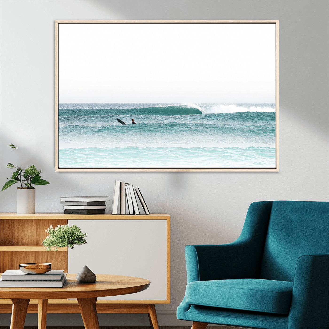 56345117-MGV-CV-36X24-Minimalist Surfing Wall Art Canvas Print, Framed Ocean Waves Art Picture Print, Soft Ocean Perfect Minimalist Coastal Decor