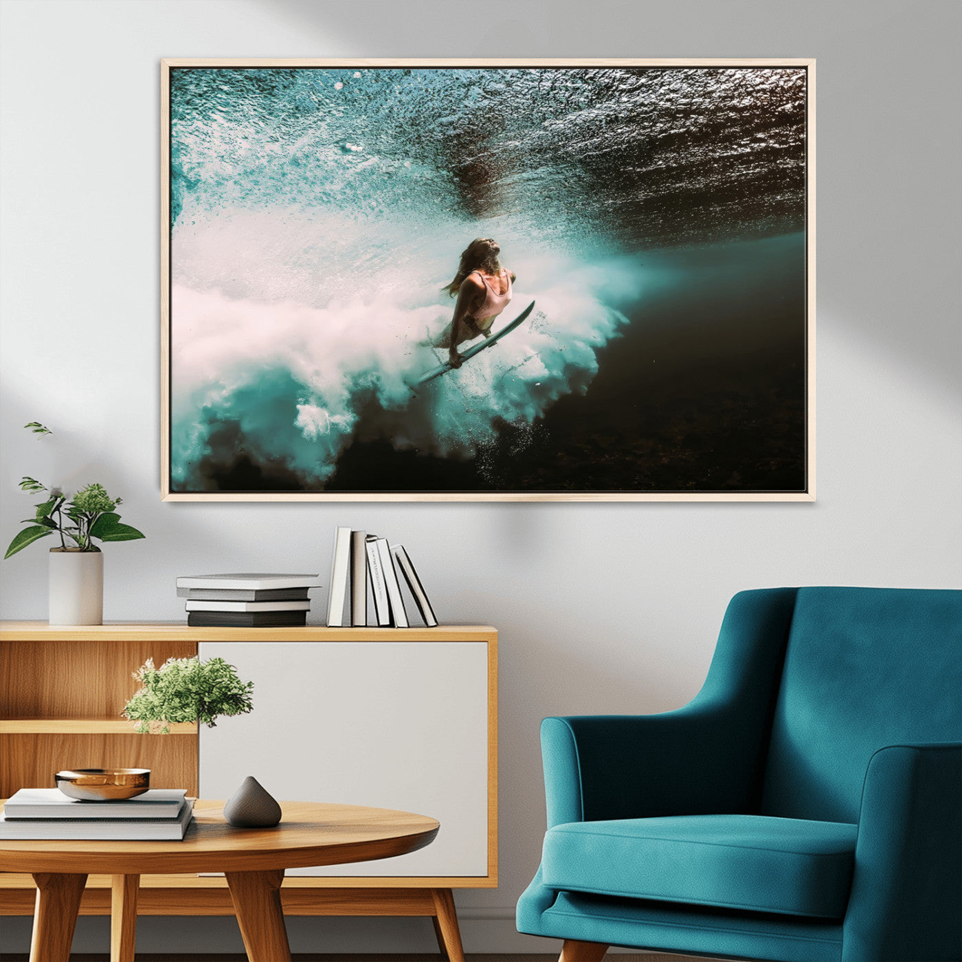 85923512-MGV-CV-36X24-Aquatic Motion Wall Art Canvas Print, Framed Underwater Swimming Art Picture Print, Female Surfer Diving Perfect Coastal Boho