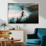 85923512-MGV-CV-36X24-Aquatic Motion Wall Art Canvas Print, Framed Underwater Swimming Art Picture Print, Female Surfer Diving Perfect Coastal Boho