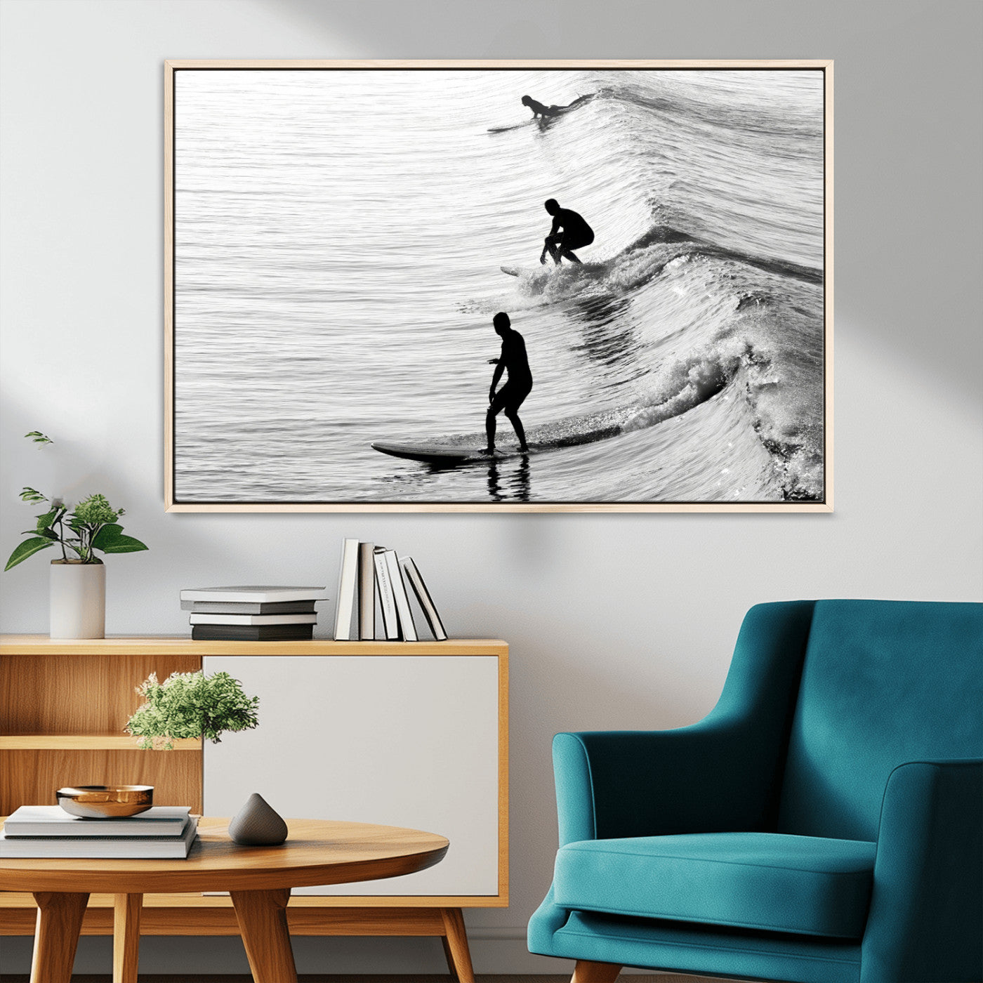 19875284-MGV-CV-36X24-Surfer Waves Wall Art Canvas Print, Framed Black White Surf Art Picture Print, Monochrome Ocean Perfect Modern Coastal Decor