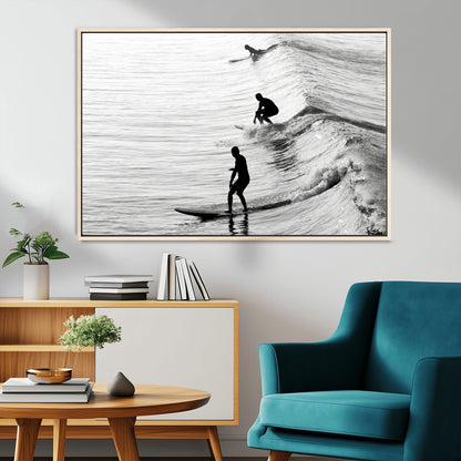 19875284-MGV-CV-36X24-Surfer Waves Wall Art Canvas Print, Framed Black White Surf Art Picture Print, Monochrome Ocean Perfect Modern Coastal Decor