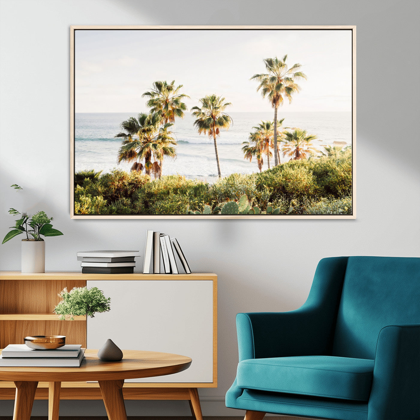 94707294-MGV-CV-36X24-California Coast Wall Art Canvas Print, Framed Palm Trees Art Picture Print, Coastal Landscape Perfect Coastal Minimalist Decor