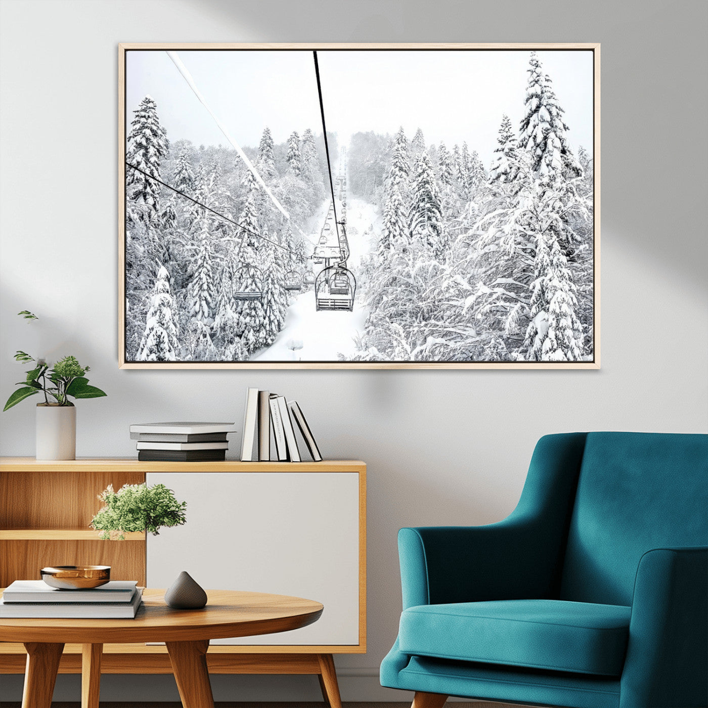 44705668-MGV-CV-36X24-Winter Forest Wall Art Canvas Print, Framed Snowy Forest Art Picture Print, Ski Lift Perfect Scandinavian Decor Artwork