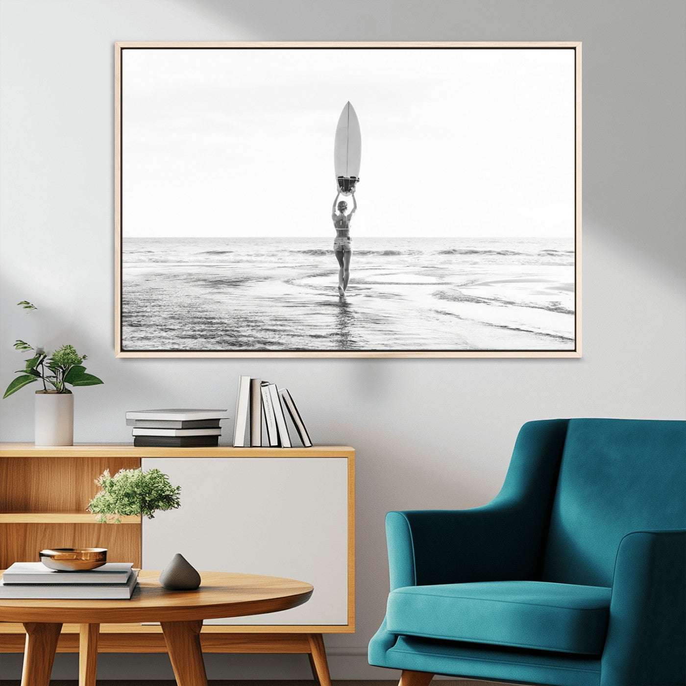 98446901-MGV-CV-36X24-Monochrome Surf Wall Art Canvas Print, Framed Minimalist Surfer Art Picture Print, Surfboard Silhouette Perfect Coastal Minimalist