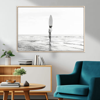 98446901-MGV-CV-36X24-Monochrome Surf Wall Art Canvas Print, Framed Minimalist Surfer Art Picture Print, Surfboard Silhouette Perfect Coastal Minimalist