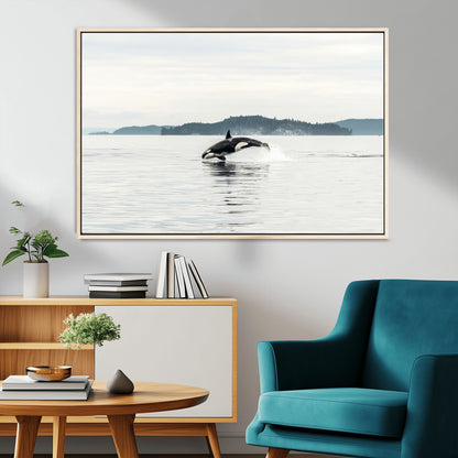 10157174-MGV-CV-36X24-Orca Whale Wall Art Canvas Print, Framed Black White Whale Art Picture Print, Minimalist Ocean Perfect Coastal Minimalist Decor