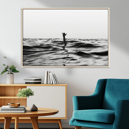 69541918-MGV-CV-36X24-Black White Ocean Wall Art Canvas Print, Framed Moody Seascape Art Picture Print, Surfer Sign Perfect Moody Minimalist Decor