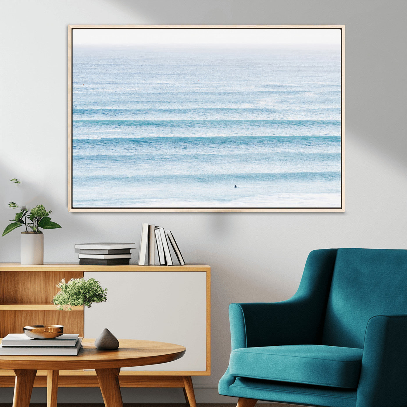 77145995-MGV-CV-36X24-Ocean Simplicity Wall Art Canvas Print, Framed Surfer on Water Art Picture Print, Light Blue Perfect Coastal Minimalist Decor