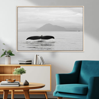 30524220-MGV-CV-36X24-Whale Tail Wall Art Canvas Print, Framed Black White Ocean Art Picture Print, Calm Marine Perfect Minimalist Coastal Decor Artwork