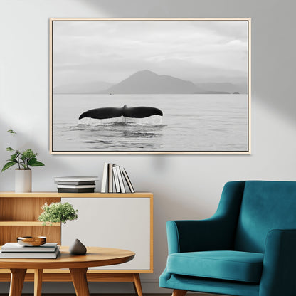 30524220-MGV-CV-36X24-Whale Tail Wall Art Canvas Print, Framed Black White Ocean Art Picture Print, Calm Marine Perfect Minimalist Coastal Decor Artwork