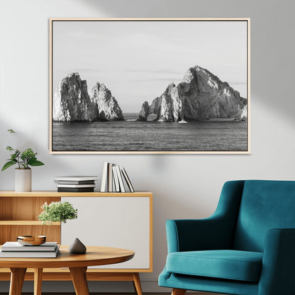 18810731-MGV-CV-36X24-Rugged Coastline Wall Art Canvas Print, Framed Ocean Cliffs Art Picture Print, Monochrome Seascape Perfect Coastal Minimalist