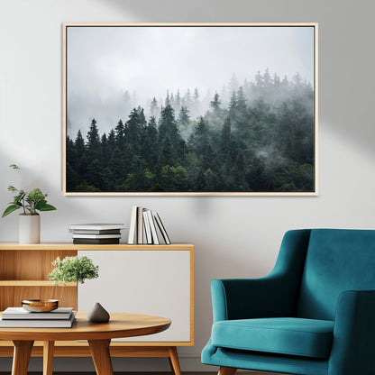 84146572-MGV-CV-36X24-Foggy Pine Trees Wall Art Canvas Print, Framed Forest Nature Art Picture Print, Evergreen Forest Perfect Scandinavian Minimalist
