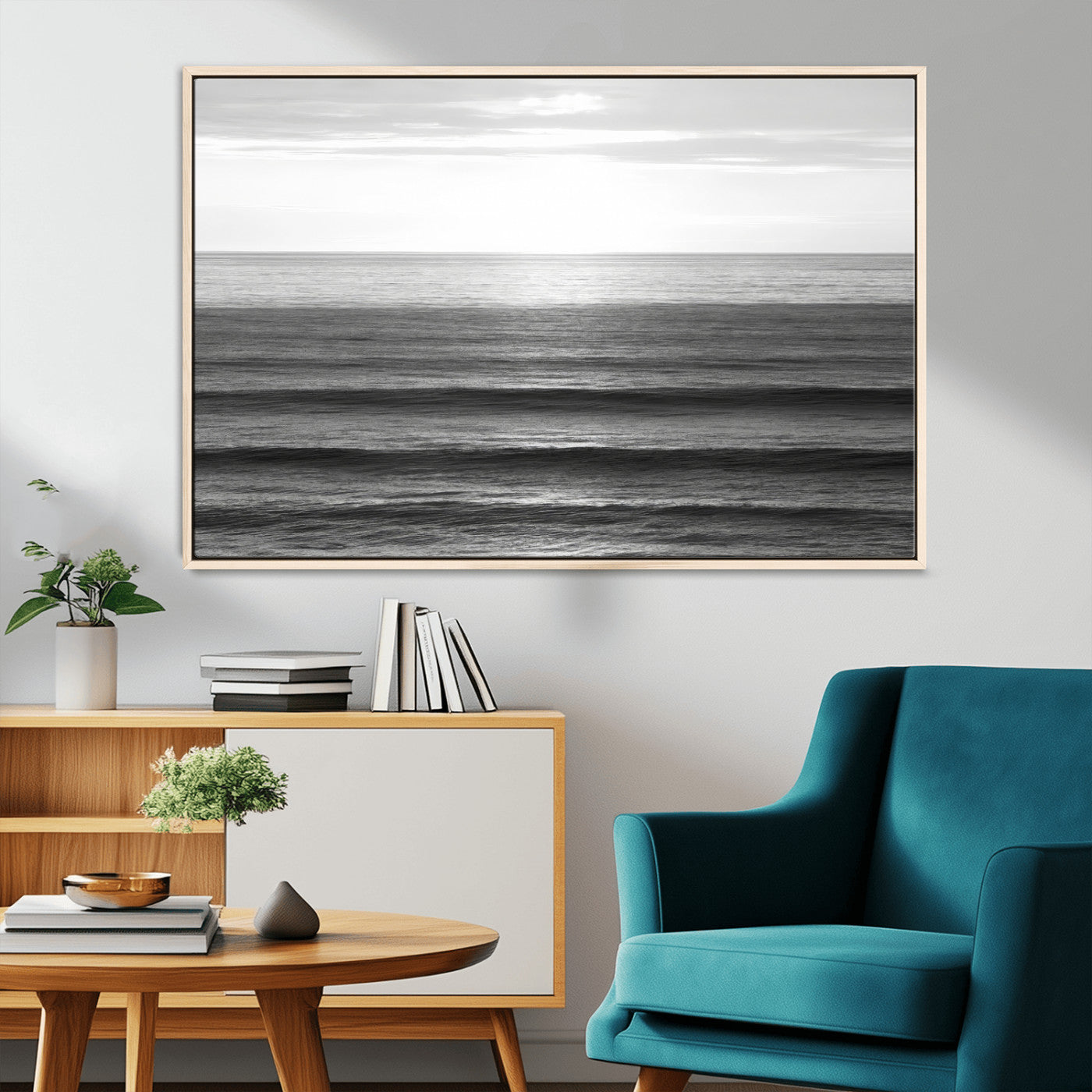 47305203-MGV-CV-36X24-Monochrome Ocean Wall Art Canvas Print, Framed Moody Ocean Art Picture Print, Calm Ocean Perfect Minimalist Coastal Decor Artwork