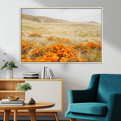 28972262-MGV-CV-36X24-Golden Wildflowers Wall Art Canvas Print, Framed Hills Bloom Art Picture Print, Poppy Meadow Perfect Rustic Nature Decor Artwork