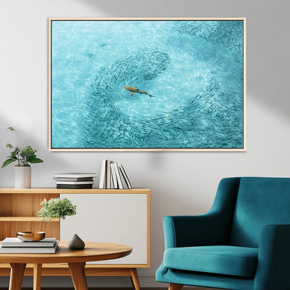 43671474-MGV-CV-36X24-Fish Swarm Wall Art Canvas Print, Framed Marine Life Art Picture Print, Shark Aerial Perfect Wildlife Coastal Decor Artwork