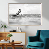 69798068-MGV-CV-36X24-Black White Surfing Wall Art Canvas Print, Framed Ocean Horizon Art Picture Print, Surfer Girl Perfect Coastal Adventure Decor