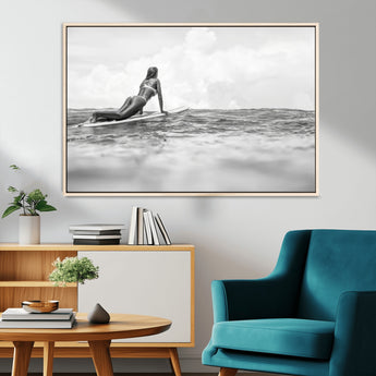 69798068-MGV-CV-36X24-Black White Surfing Wall Art Canvas Print, Framed Ocean Horizon Art Picture Print, Surfer Girl Perfect Coastal Adventure Decor