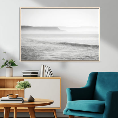 60635783-MGV-FC-36X24_Natural-Black White Seascape Wall Art Canvas Print, Framed Ocean Waves Art Picture Print, Misty Coastal Perfect Minimalist Coastal Decor