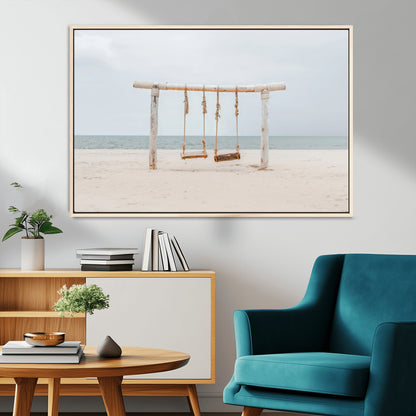 68327283-MGV-CV-36X24-Beach Swing Wall Art Canvas Print, Framed Quiet Beach Art Picture Print, Calm Shoreline Perfect Bohemian Coastal Decor Artwork