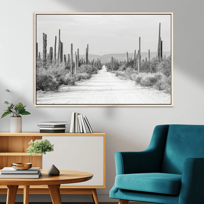 35537313-MGV-CV-36X24-Monochrome Desert Wall Art Canvas Print, Framed Cactus Path Art Picture Print, Southwestern Landscape Perfect Southwestern
