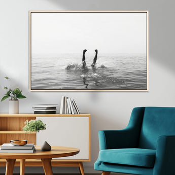 26667396-MGV-CV-36X24-Black White Ocean Wall Art Canvas Print, Framed Monochrome Water Art Picture Print, Diving into Water Perfect Minimalist Aquatic