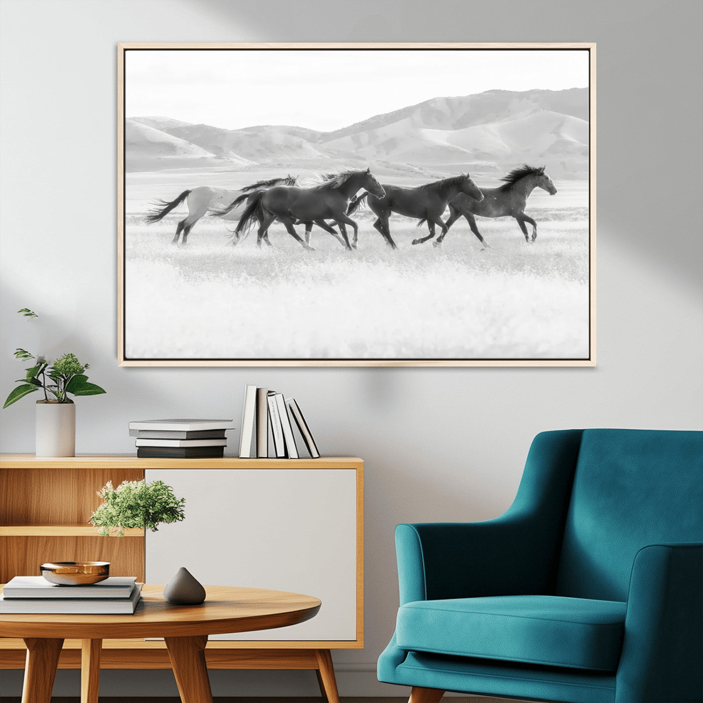 69934913-MGV-CV-36X24-Wild Horses Running Wall Art Canvas Print, Framed Black White Mustangs Art Picture Print, Rustic Western Perfect Rustic Western