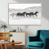 69934913-MGV-CV-36X24-Wild Horses Running Wall Art Canvas Print, Framed Black White Mustangs Art Picture Print, Rustic Western Perfect Rustic Western