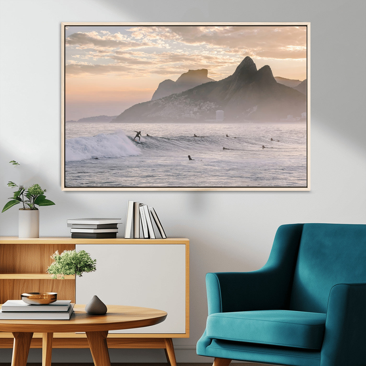 70644906-MGV-CV-36X24-Sunset Surfing Wall Art Canvas Print, Framed Misty Mountains Art Picture Print, Surfer Riding Wave Perfect Coastal Adventure Decor