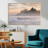 70644906-MGV-CV-36X24-Sunset Surfing Wall Art Canvas Print, Framed Misty Mountains Art Picture Print, Surfer Riding Wave Perfect Coastal Adventure Decor