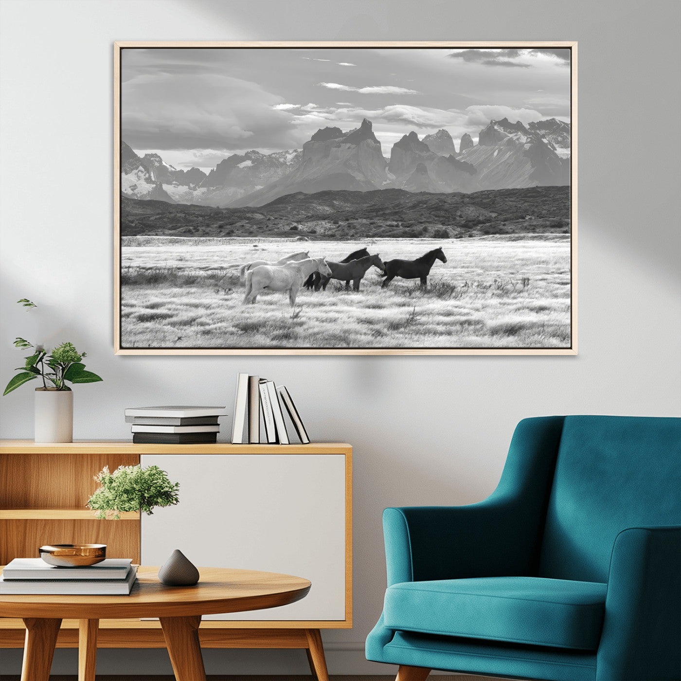 21655040-MGV-CV-36X24-Wild Horses Wall Art Canvas Print, Framed Black White Mountains Art Picture Print, Rustic Countryside Perfect Rustic Western Decor