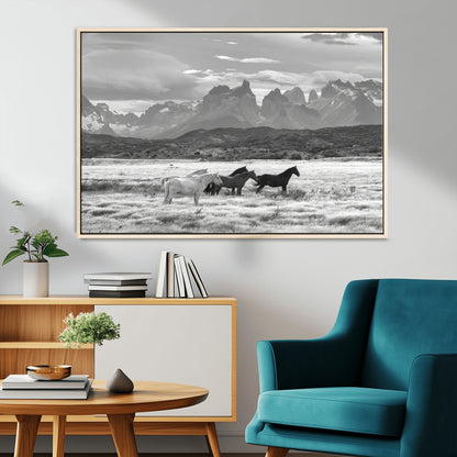 21655040-MGV-CV-36X24-Wild Horses Wall Art Canvas Print, Framed Black White Mountains Art Picture Print, Rustic Countryside Perfect Rustic Western Decor